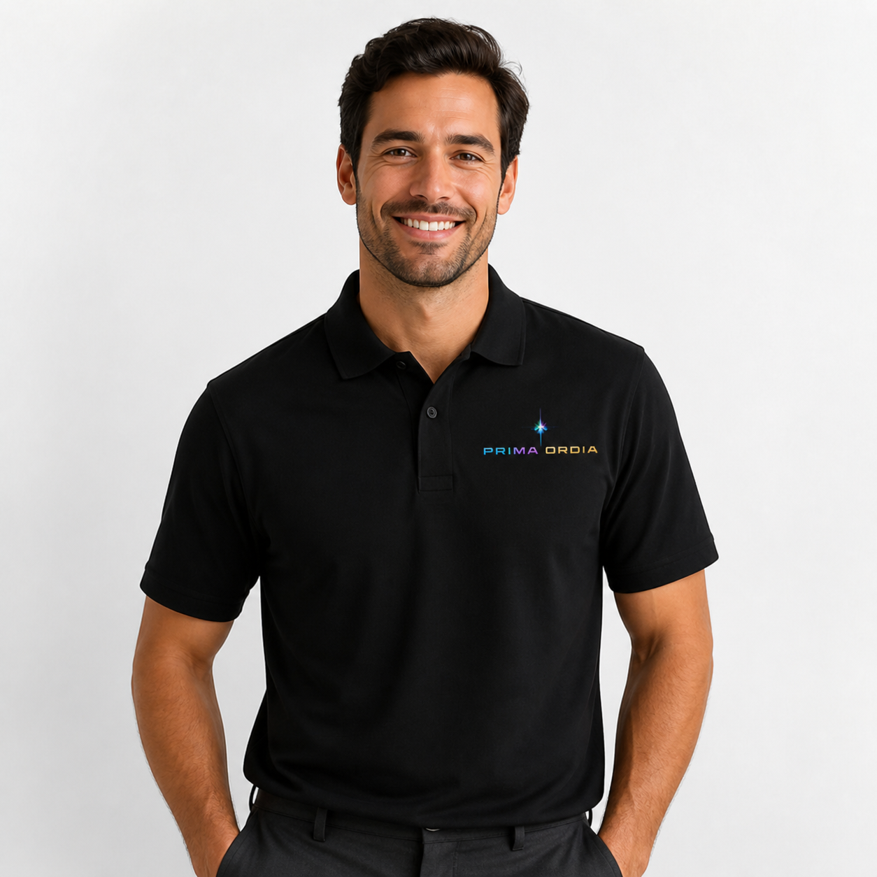 Embroidered Polo: clean studio lifestyle image.