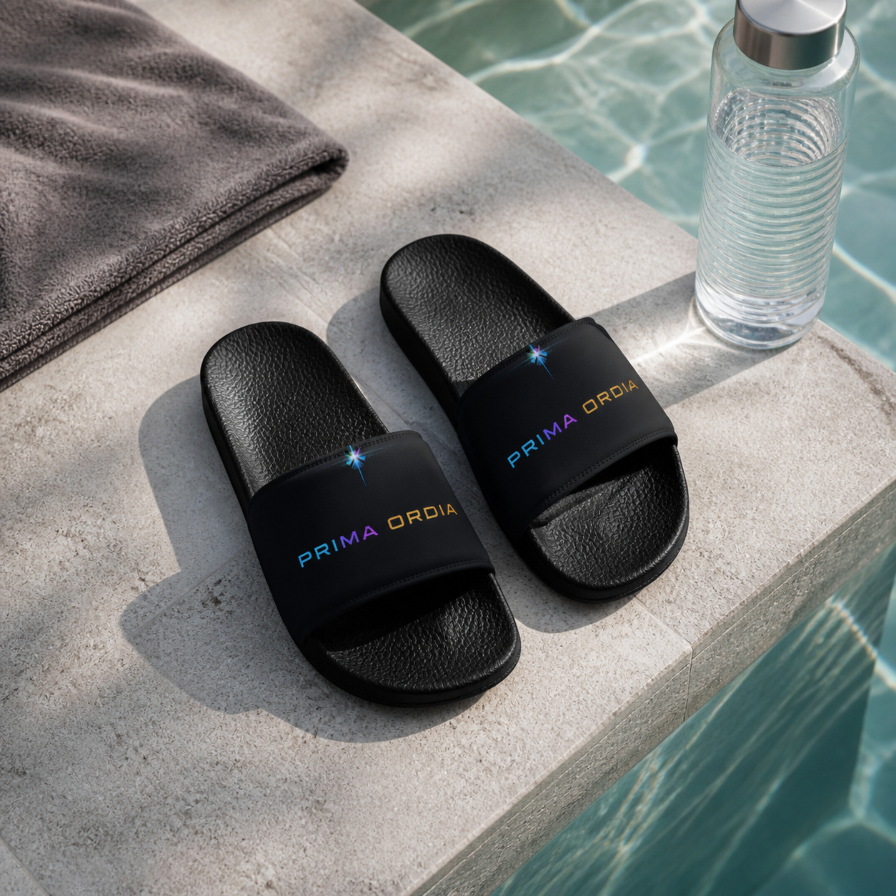 Men's Slides: clean studio lifestyle image.