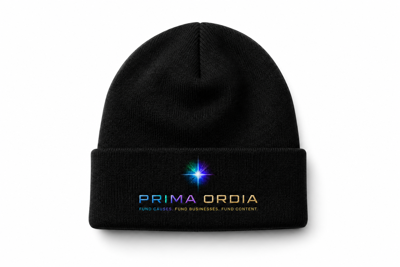 Black PRIMA ORDIA embroidered cuffed beanie on a white background